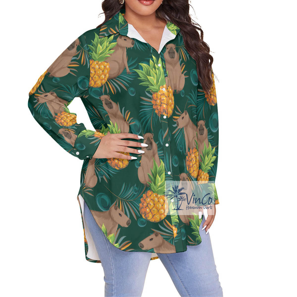 Tropical Capybara Long Sleeve Plus Size Hawaiian Shirt For Women